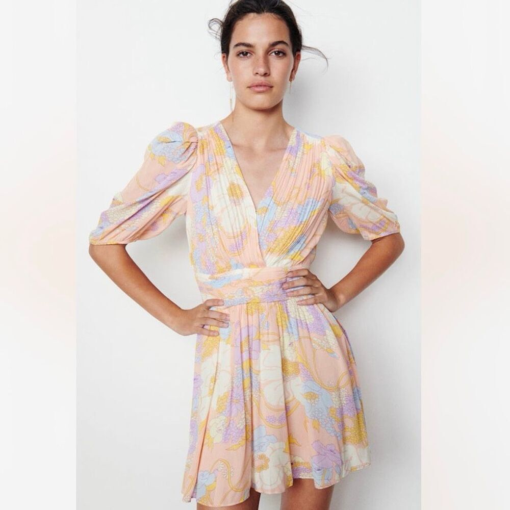 ba&sh Pastel Floral Wrap Mini Dress in Peach, Lavender & Yellow